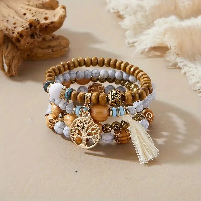4-Piece Set: Creative Bohemian Bracelet, Layered Beaded Stretchable Bracelet