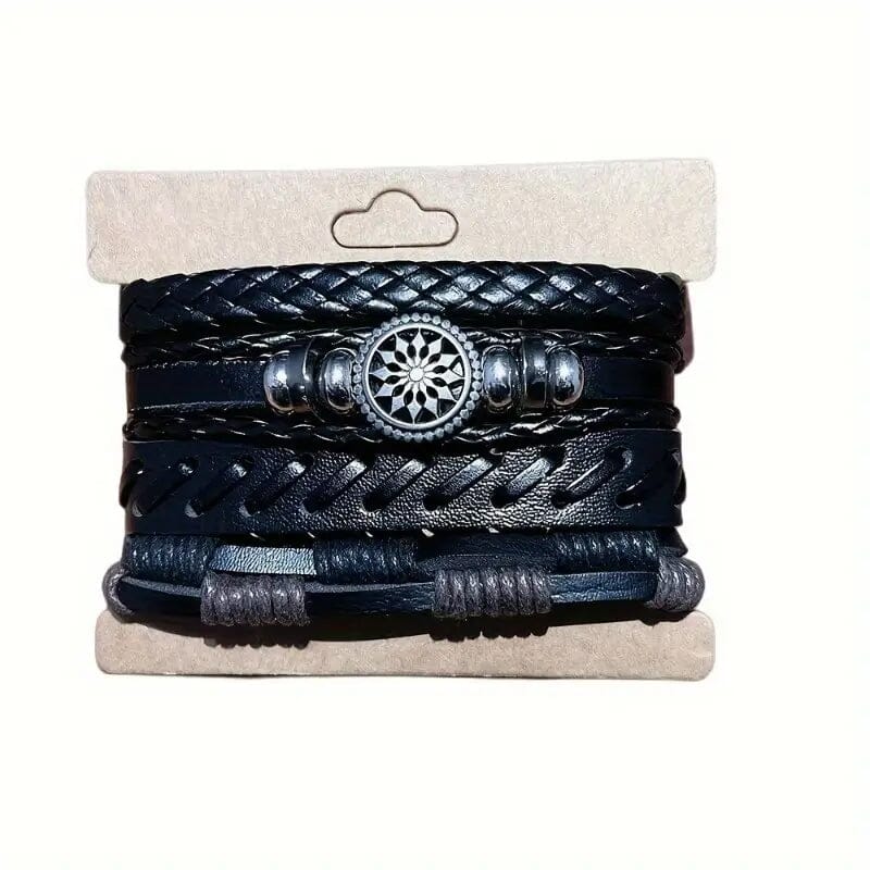 4-Piece Set: Exquisite Vintage-Style PU Leather Woven Handmade Charm Bracelets for Men