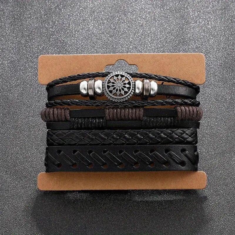 4-Piece Set: Exquisite Vintage-Style PU Leather Woven Handmade Charm Bracelets for Men