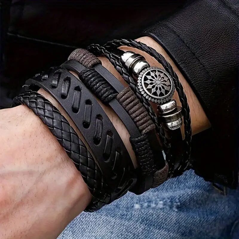 4-Piece Set: Exquisite Vintage-Style PU Leather Woven Handmade Charm Bracelets for Men
