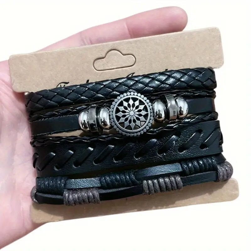 4-Piece Set: Exquisite Vintage-Style PU Leather Woven Handmade Charm Bracelets for Men